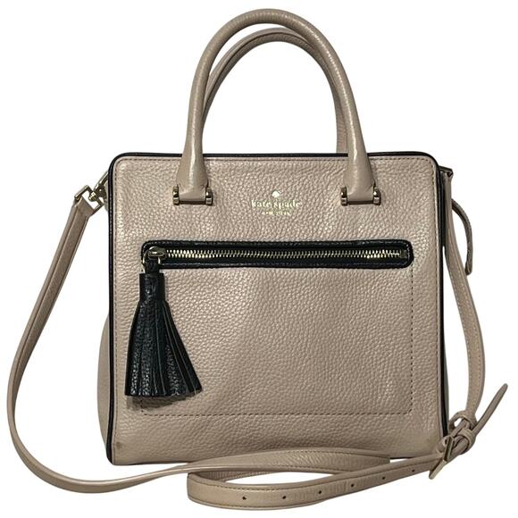 Kate Spade NY Beige Pebbled Leather Double Handle Zip Up Shoulder Bag w/ Tassel - Picture 1 of 8